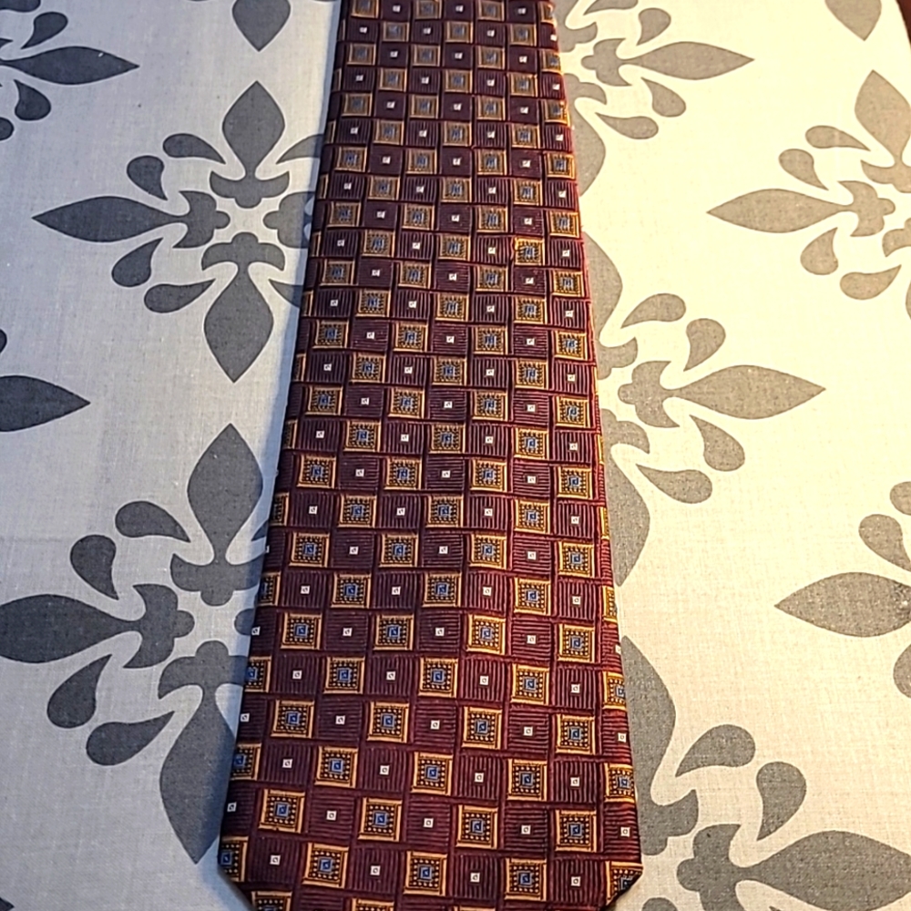 Brooks Brothers 345 Silk BurgandybTie with Orange, Blue, and Silver Squares